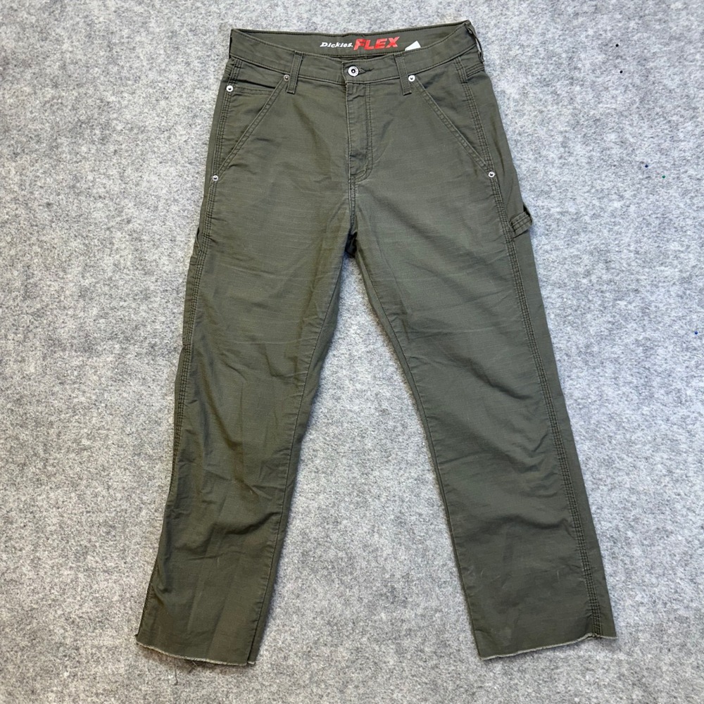 Dickies Carpenter Pants Mens 30x28 Olive Green Workwear Flex Raw Hem